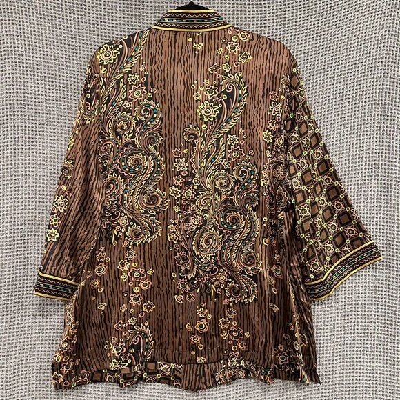 Vintage Bob Mackie Wearable Art 100% Silk Blouse 1X Brown Paisley Geometric - Picture 2 of 8
